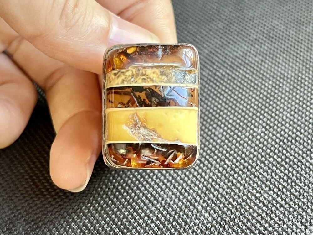 Vintage Artisan Sterling Silver Striped Honey Baltic Amber Split Shank Ring 7.5